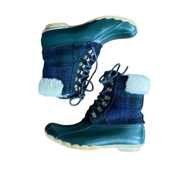 J. Crew x Sperry Topsider Plaid Sheerwater Wool Rubber Duck Boots Sz 7 Preppy - Picture 1 of 10